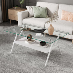 Rectangle Coffee Table with Tempered Glass top and White Metal Legs, Modern Table for Living Room , Transparent Glass