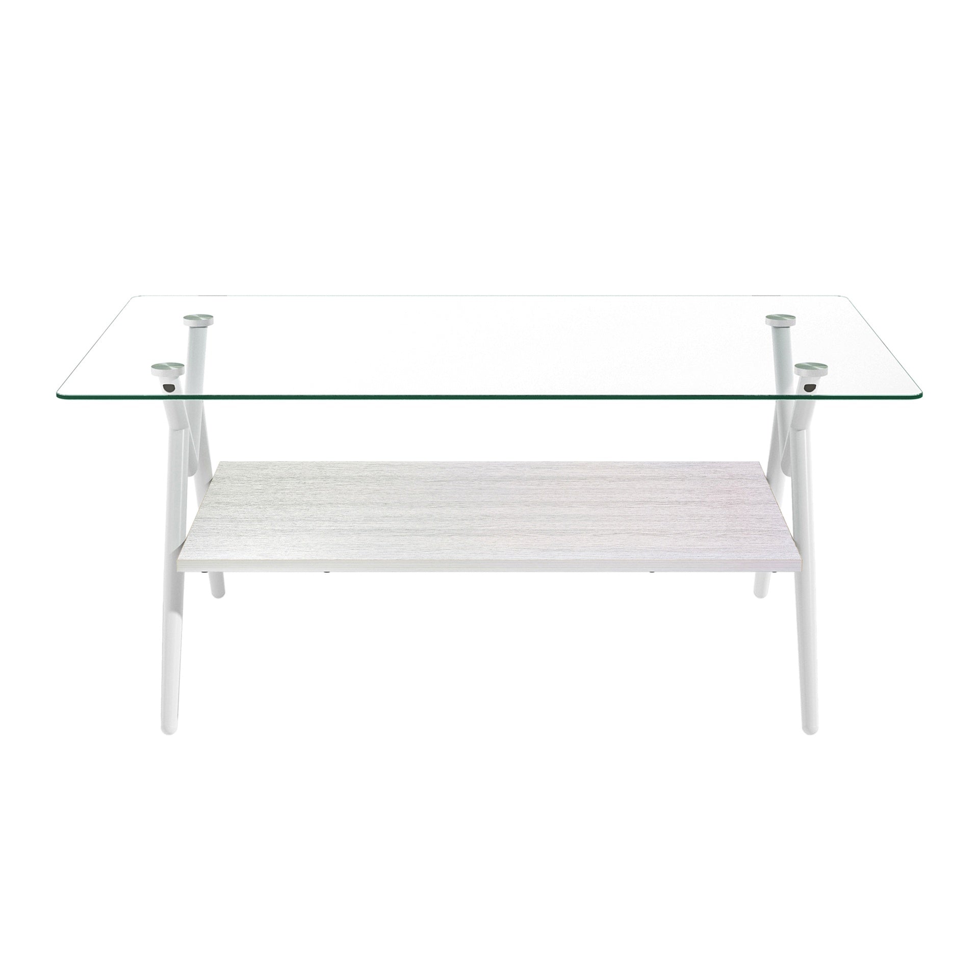 Rectangle Coffee Table with Tempered Glass top and White Metal Legs, Modern Table for Living Room , Transparent Glass
