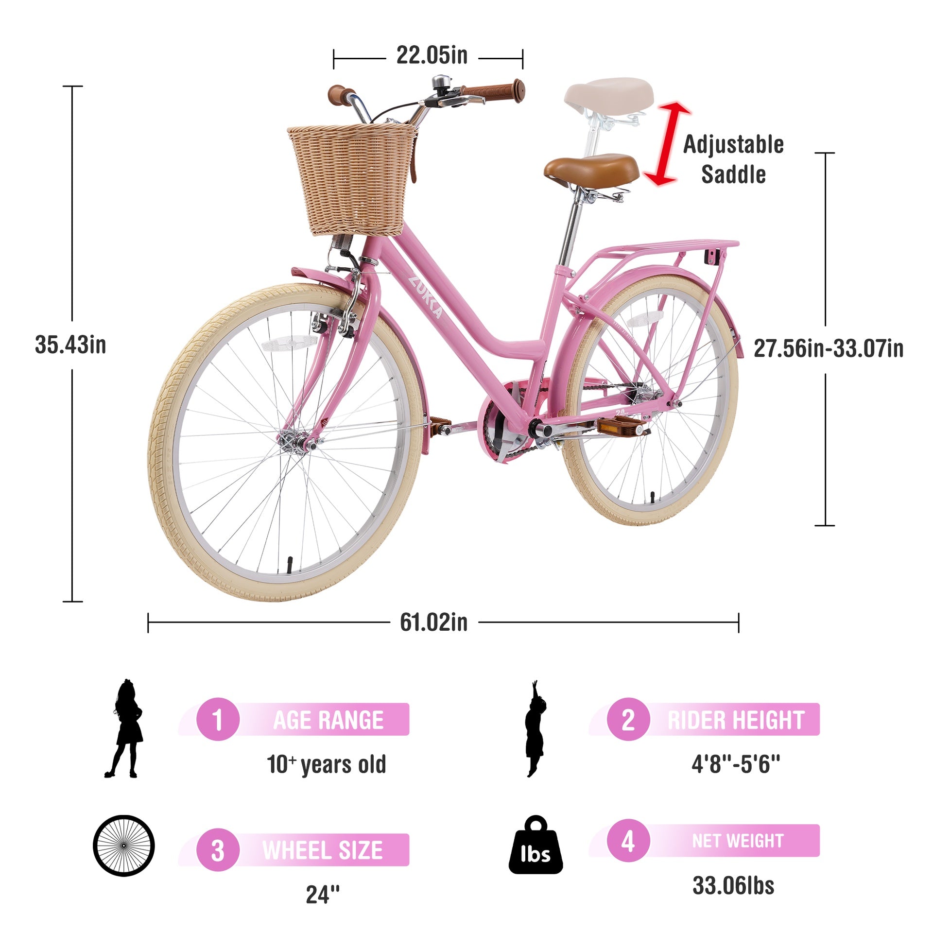 Steel Frame,Multiple Colors, for 10+Years Old Girls Bike,24 inch wheel