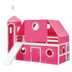 Twin Size Loft Bed with Slide Pink Tent and Tower - Pink