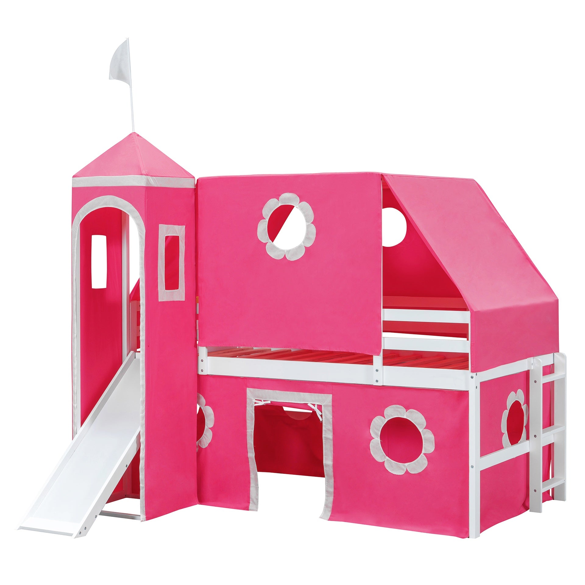 Twin Size Loft Bed with Slide Pink Tent and Tower - Pink