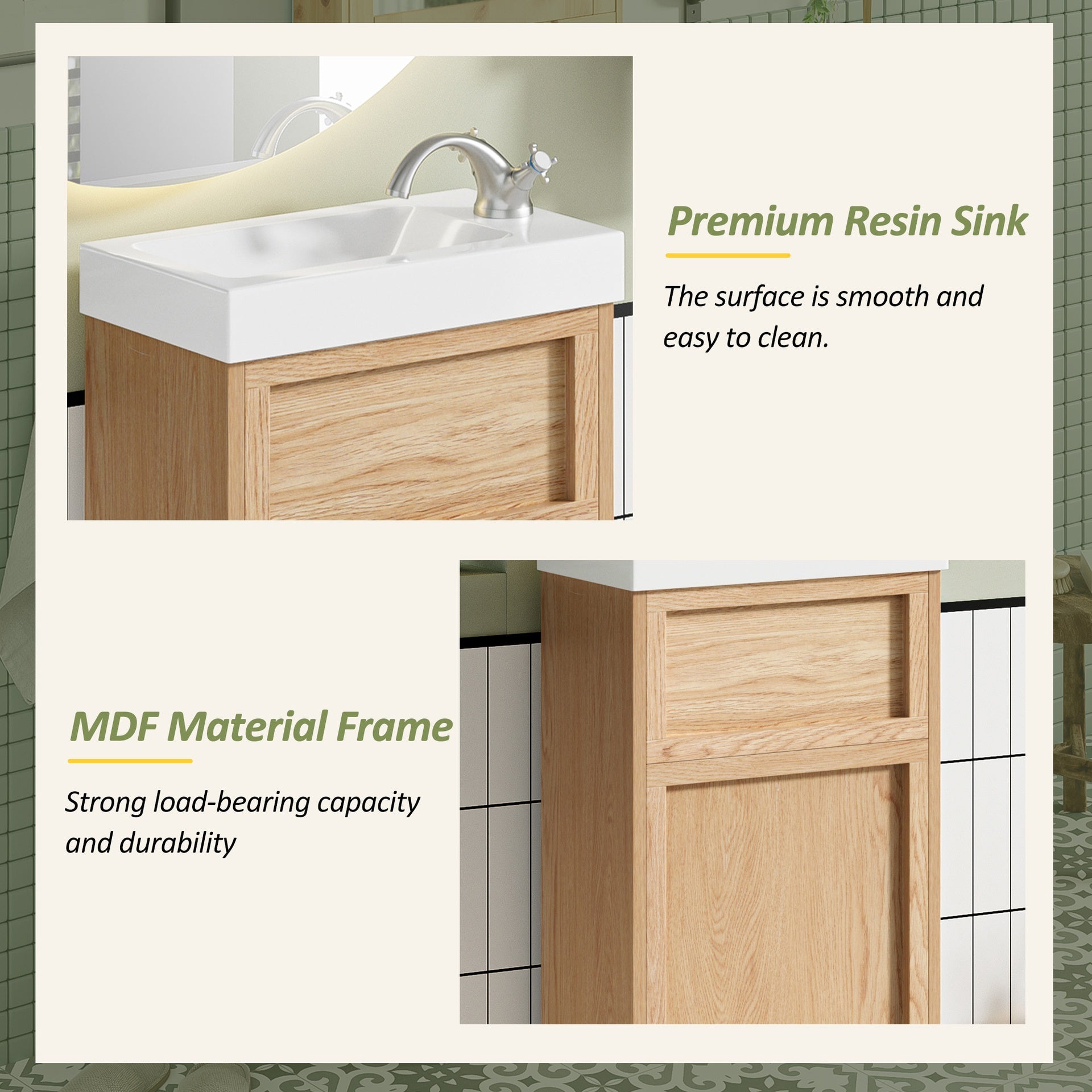 15.75" Bathroom Vanity with Reversible Resin Sink, MDF Cabinet with Adjustable Shelf and Push-to-Open Door, Wood Grain Melamine Finish, Reversible Door, Rustic Style for Small Spaces