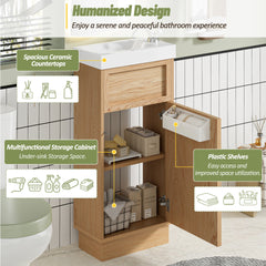 15.75" Bathroom Vanity with Reversible Resin Sink, MDF Cabinet with Adjustable Shelf and Push-to-Open Door, Wood Grain Melamine Finish, Reversible Door, Rustic Style for Small Spaces