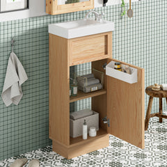 15.75" Bathroom Vanity with Reversible Resin Sink, MDF Cabinet with Adjustable Shelf and Push-to-Open Door, Wood Grain Melamine Finish, Reversible Door, Rustic Style for Small Spaces
