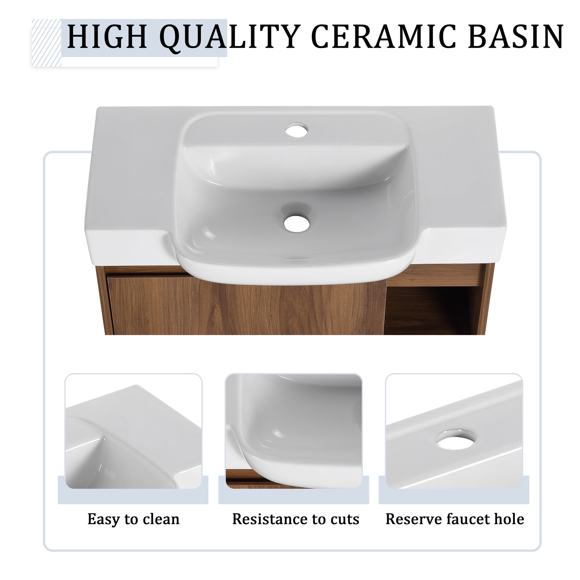28'' Wall-Mounted Bathroom Vanity with White Ceramic Sink & Soft-Close Door, KD-Packing