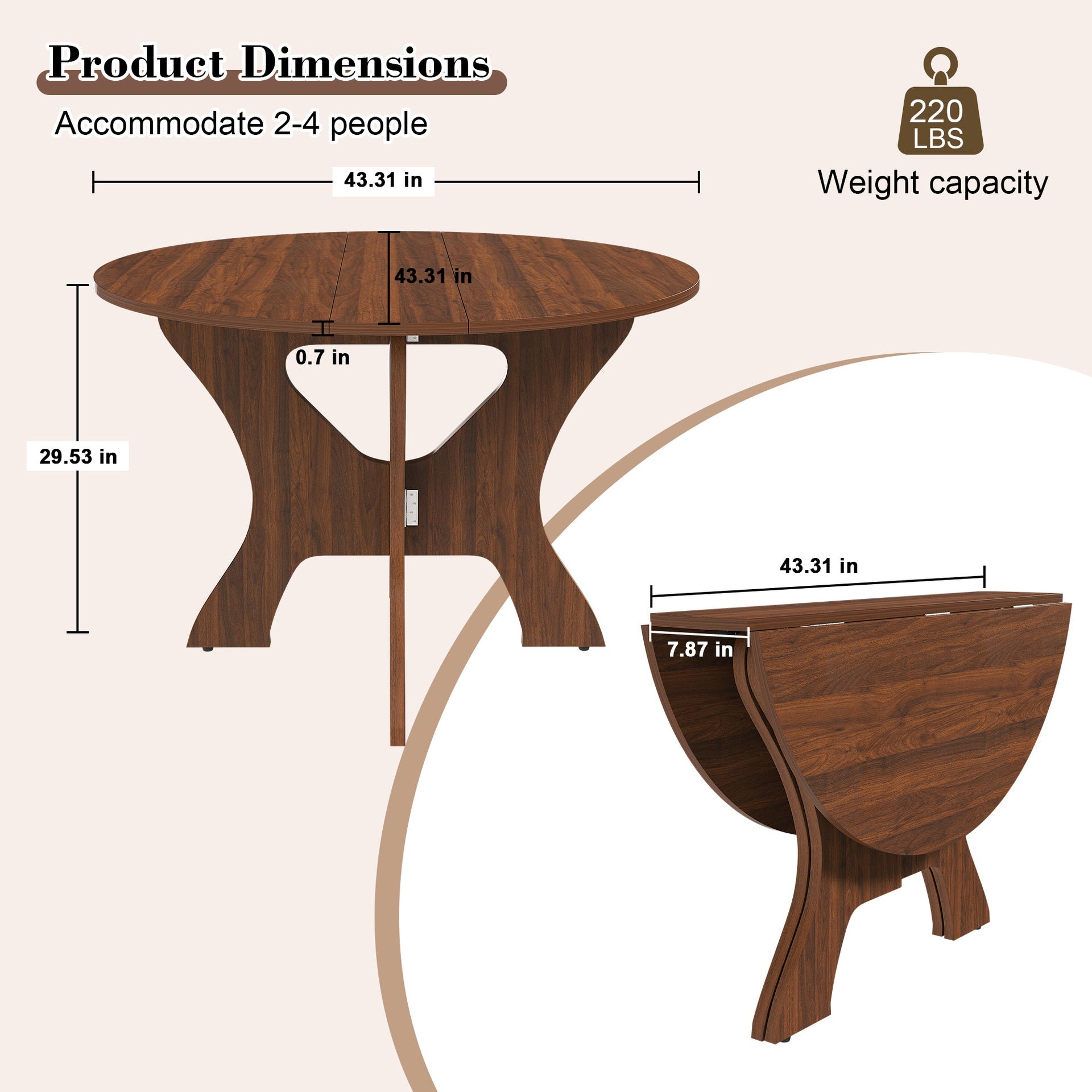 43 in Folding Dining Table for Small Spaces, MDF Table with Walnut Veneer, Space Saving Foldable Kitchen Table for Indoor and Outdoor Use