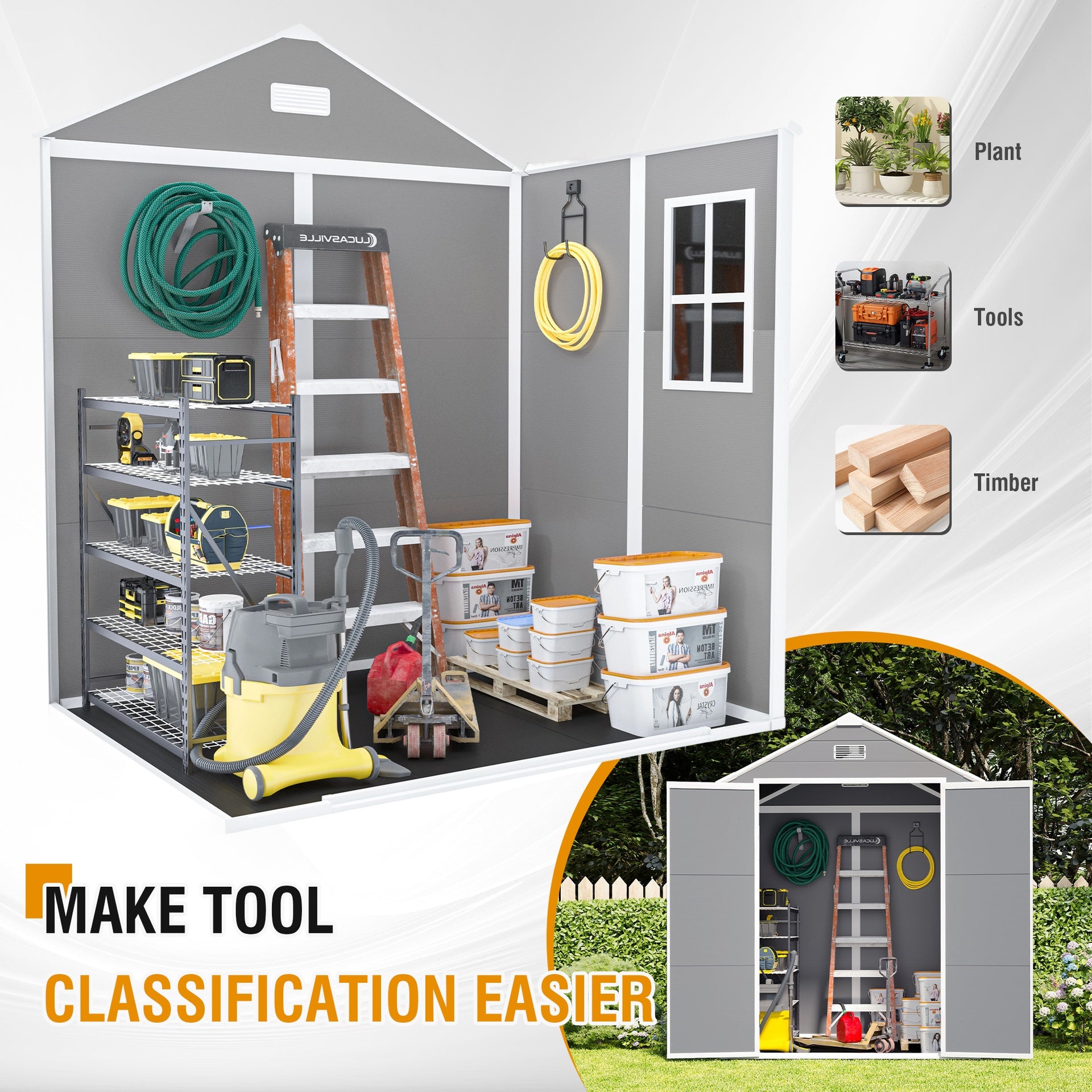 Campcraft 6*5ft resin storage shed,Plastic Garden Tool Outside Sheds,high quality pp material,strong structure,waterproof,rust and UV proof,large storage space,12mm thick pp board,HD window lighting