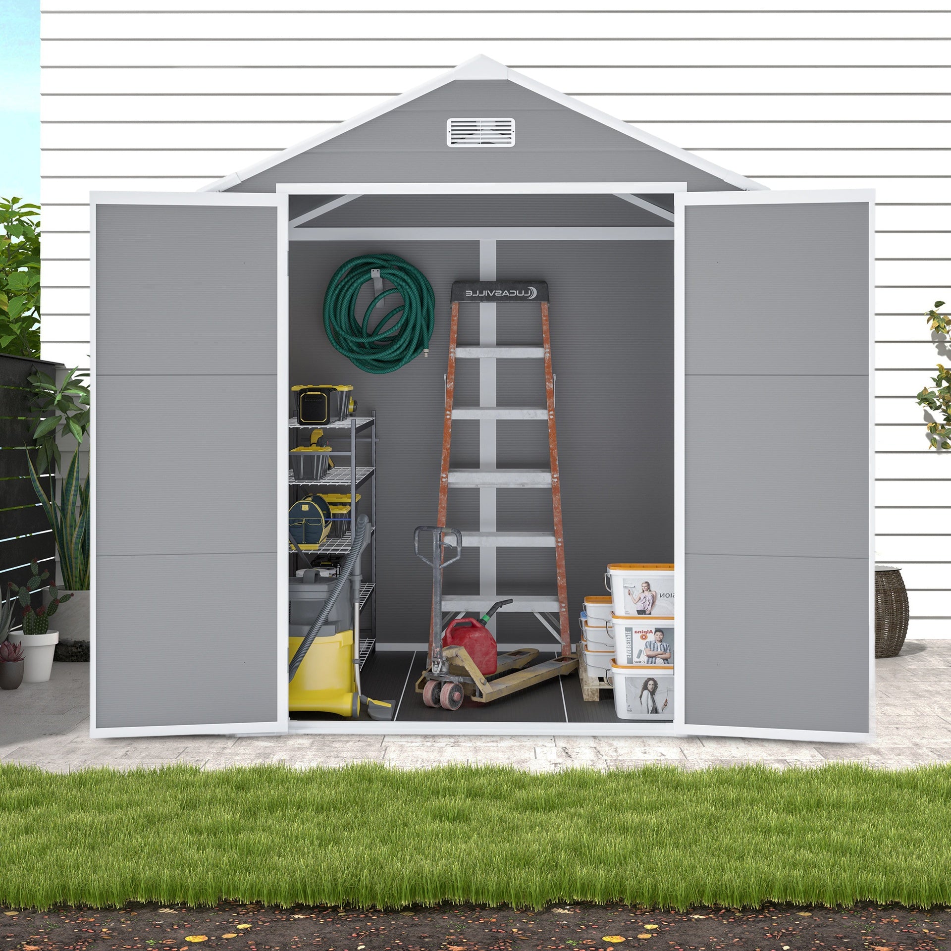 Campcraft 6*5ft resin storage shed,Plastic Garden Tool Outside Sheds,high quality pp material,strong structure,waterproof,rust and UV proof,large storage space,12mm thick pp board,HD window lighting