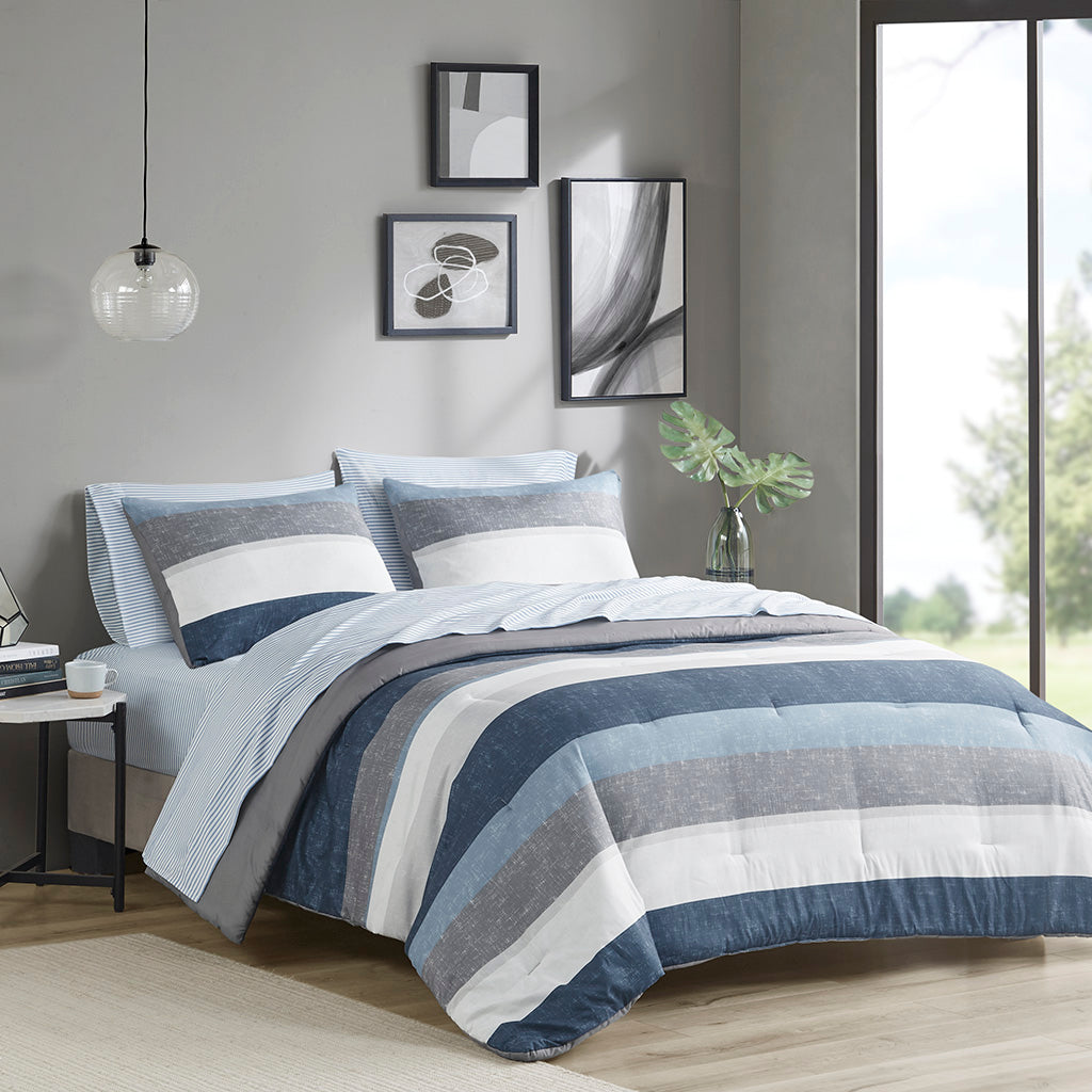 Stripe Comforter Set with Bed Sheets Blue/Grey Cal King