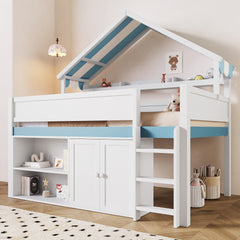 Full Size Loft Bed with Canopy Roof and Storage Cabinet, White and Blue