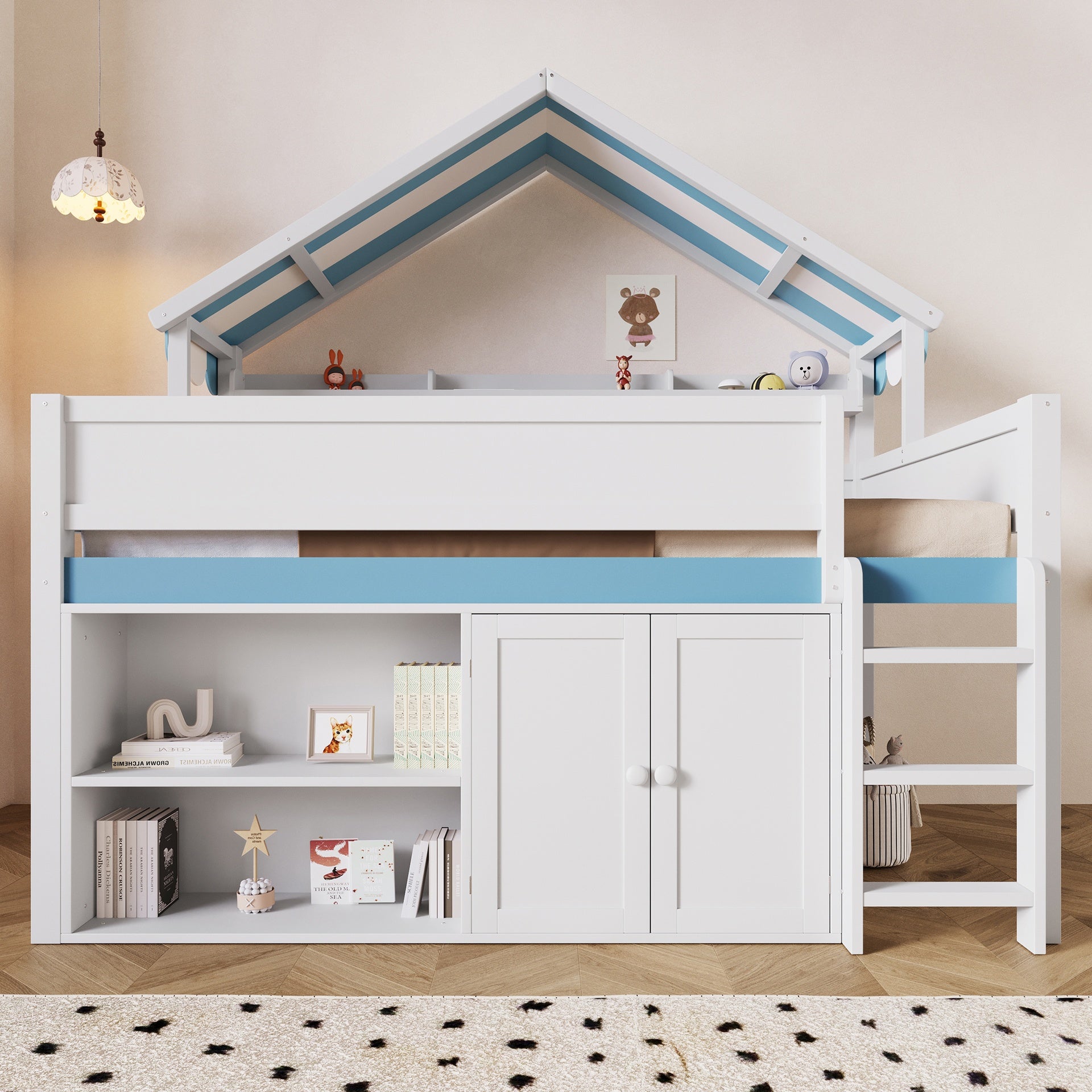 Full Size Loft Bed with Canopy Roof and Storage Cabinet, White and Blue