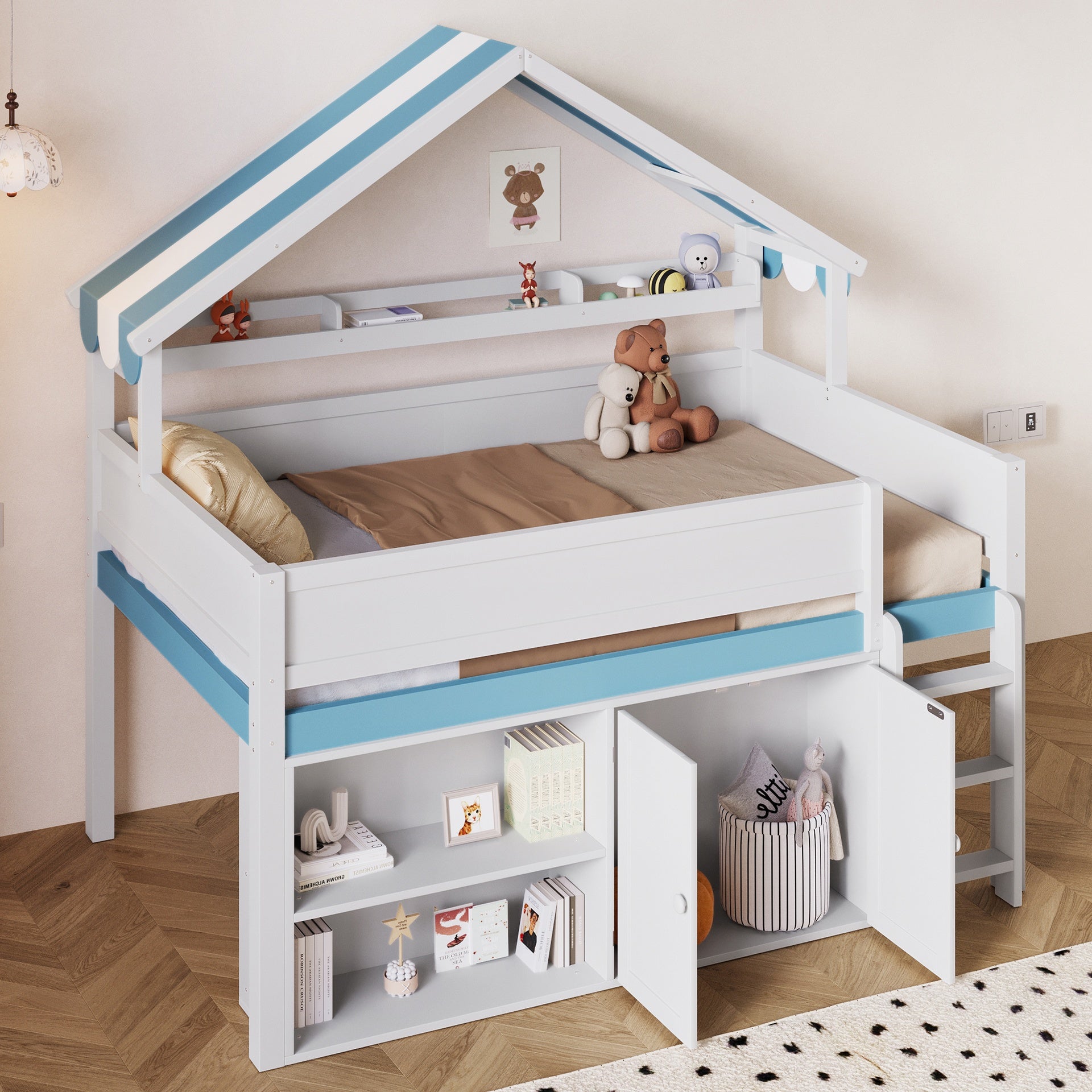 Full Size Loft Bed with Canopy Roof and Storage Cabinet, White and Blue