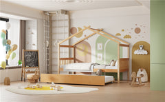 Twin Size Wooden House Bed with Twin Size Trundle, Natural