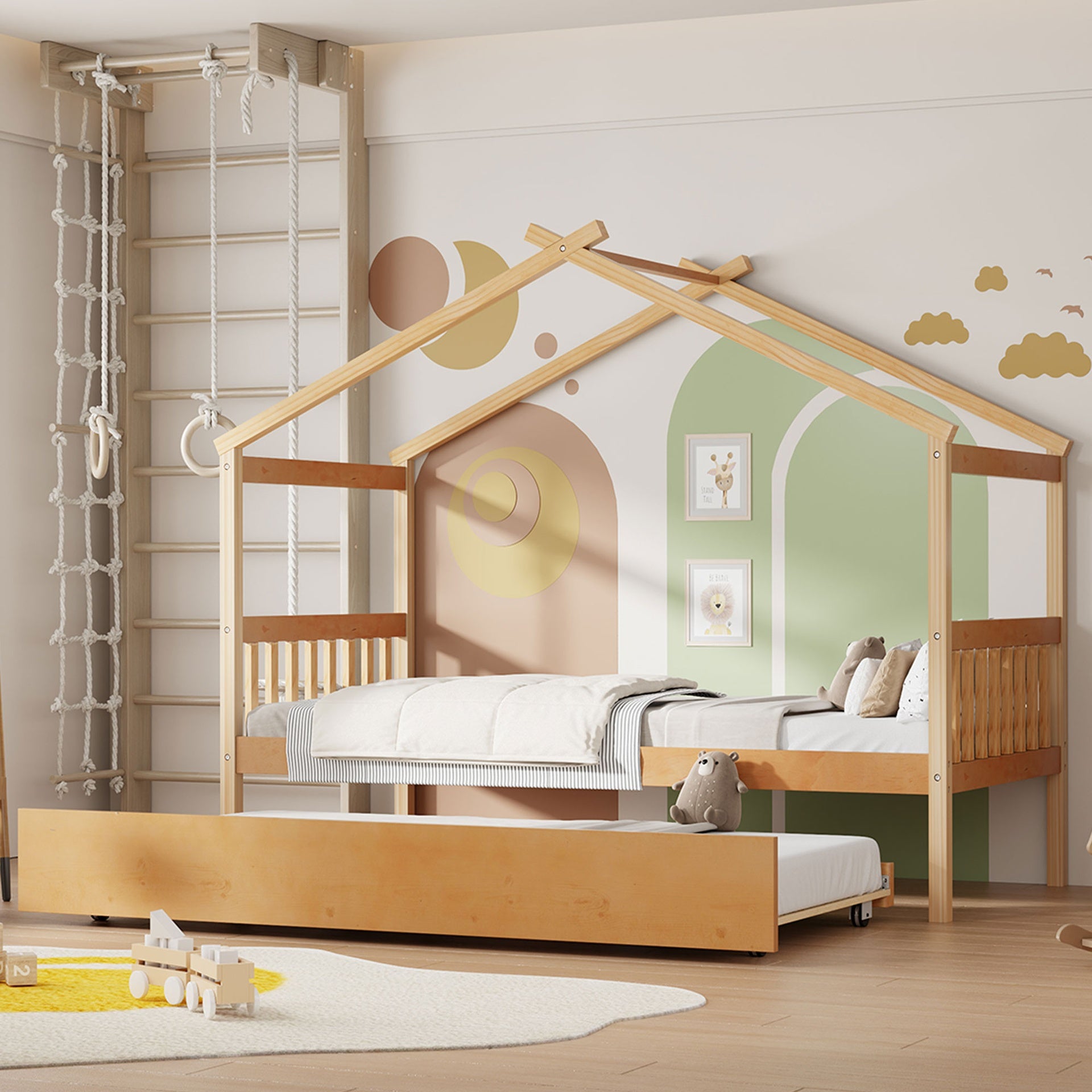 Twin Size Wooden House Bed with Twin Size Trundle, Natural