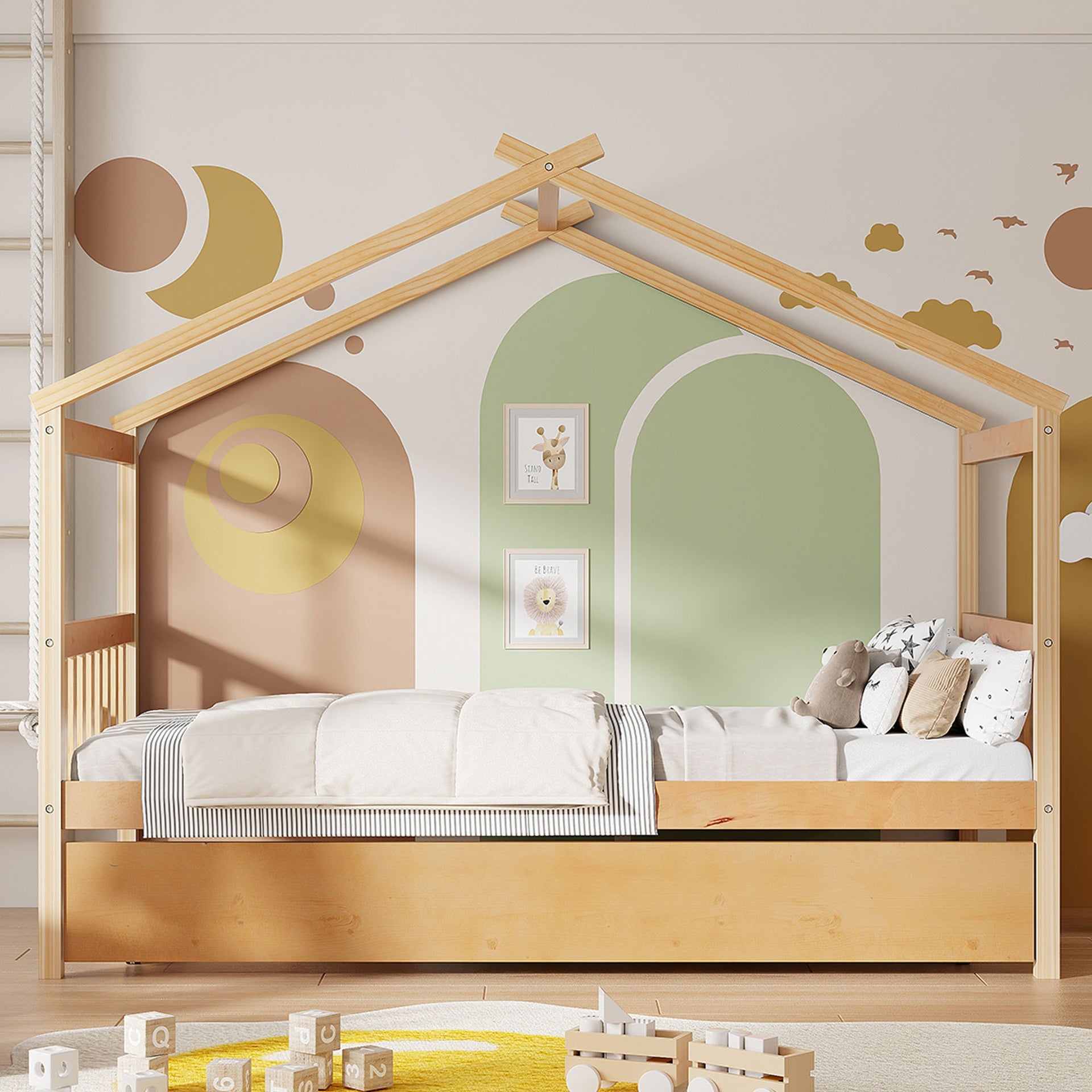 Twin Size Wooden House Bed with Twin Size Trundle, Natural