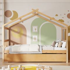 Twin Size Wooden House Bed with Twin Size Trundle, Natural