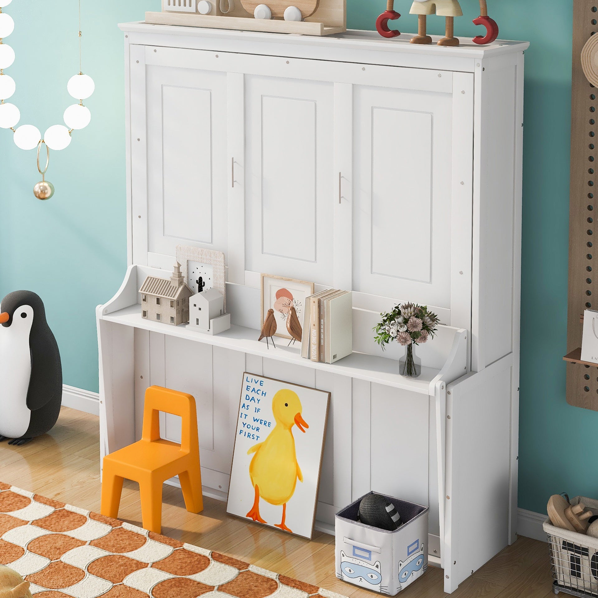 Queen Size Murphy Bed with a Shelf, White