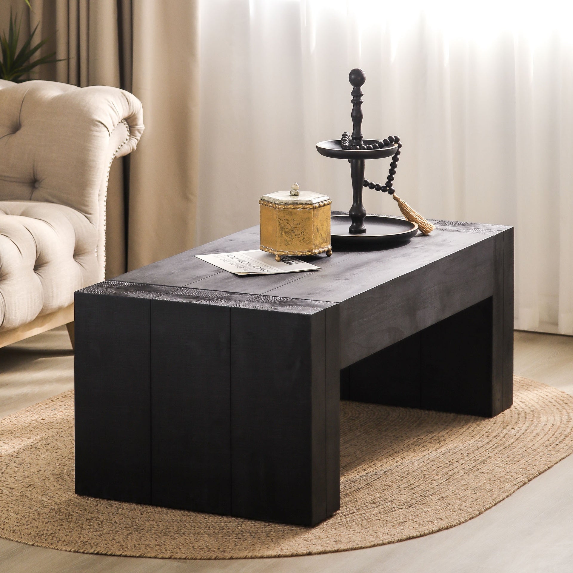 Modern Black Solid Wood Coffee Table, 49in Rectangular Coffee Table for Living Room, Farmhouse & Contemporary Decor