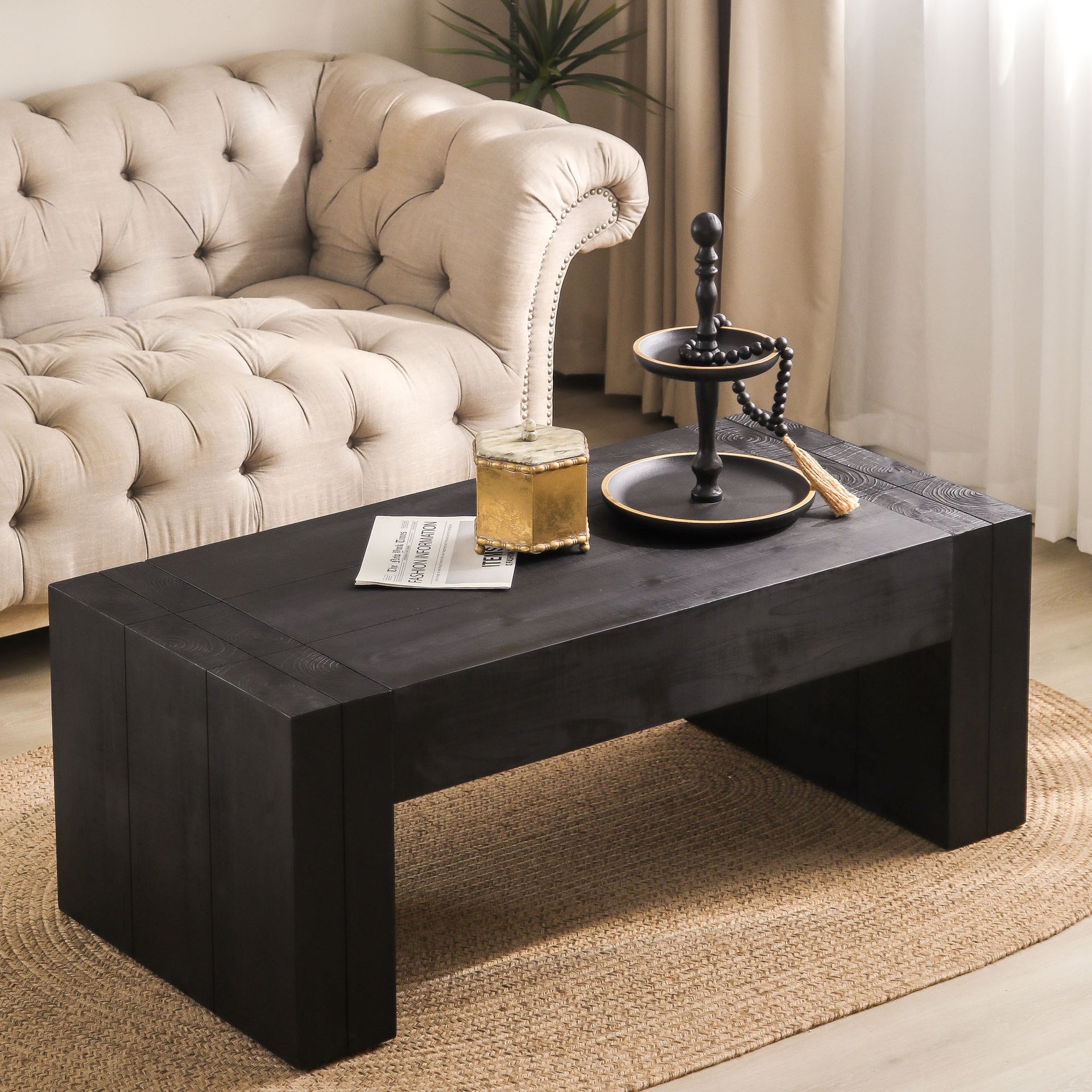 Modern Black Solid Wood Coffee Table, 49in Rectangular Coffee Table for Living Room, Farmhouse & Contemporary Decor
