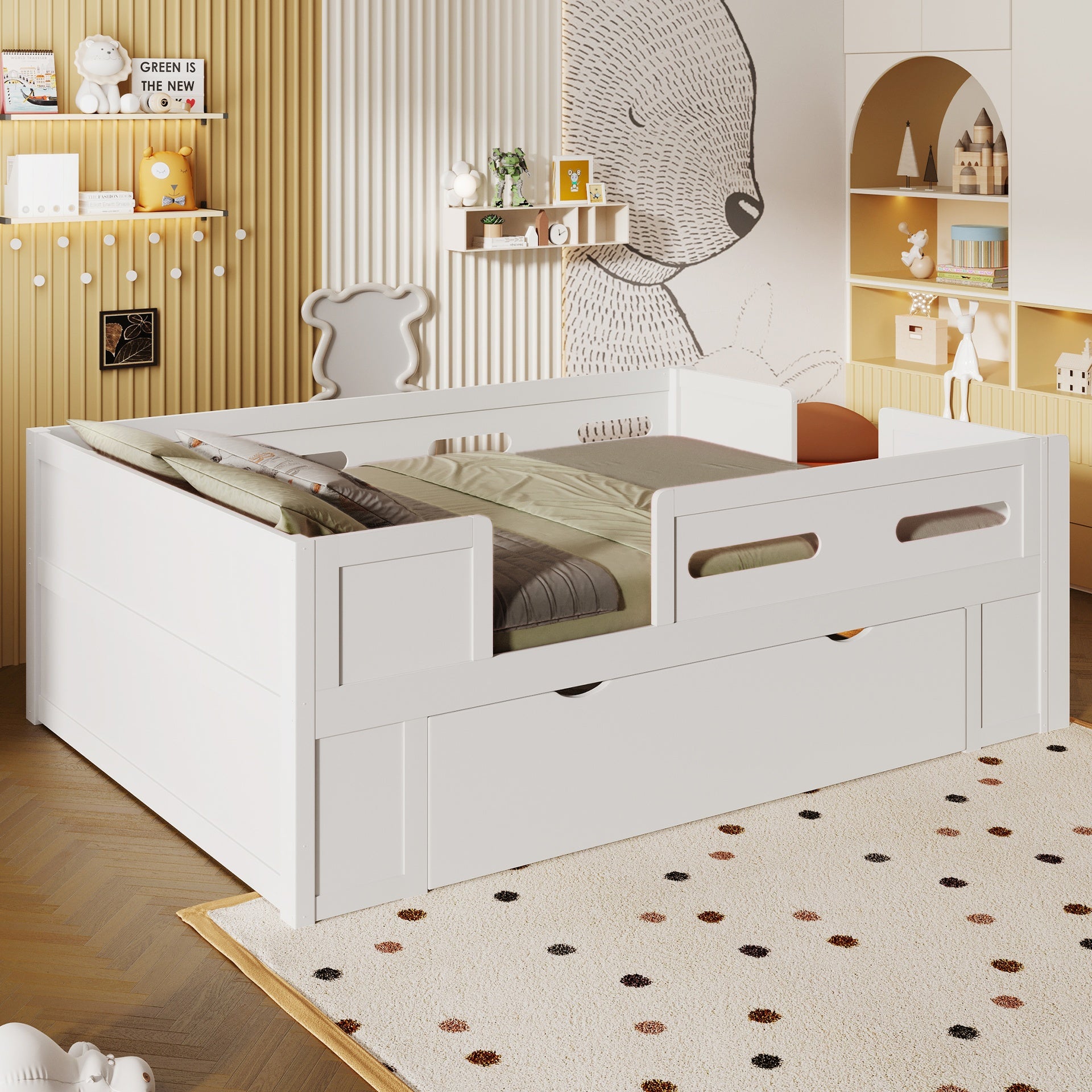 Wood Twin Size Platform Bed with Guardrail and Drawer, White