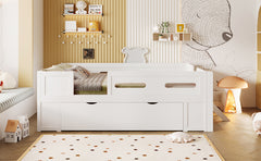 Wood Full Size Platform Bed with Guardrail and Drawer, White