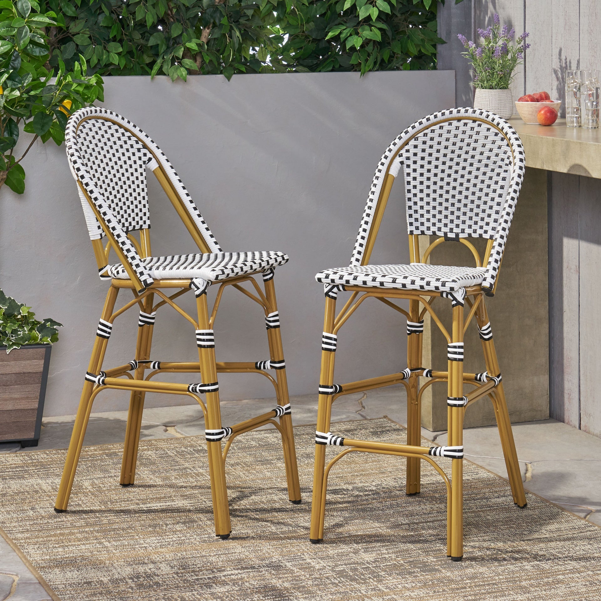 29.5" Outdoor PE Rattan French Barstool, White and Black, Aluminum Frame with Bamboo Finish (Set of 2)