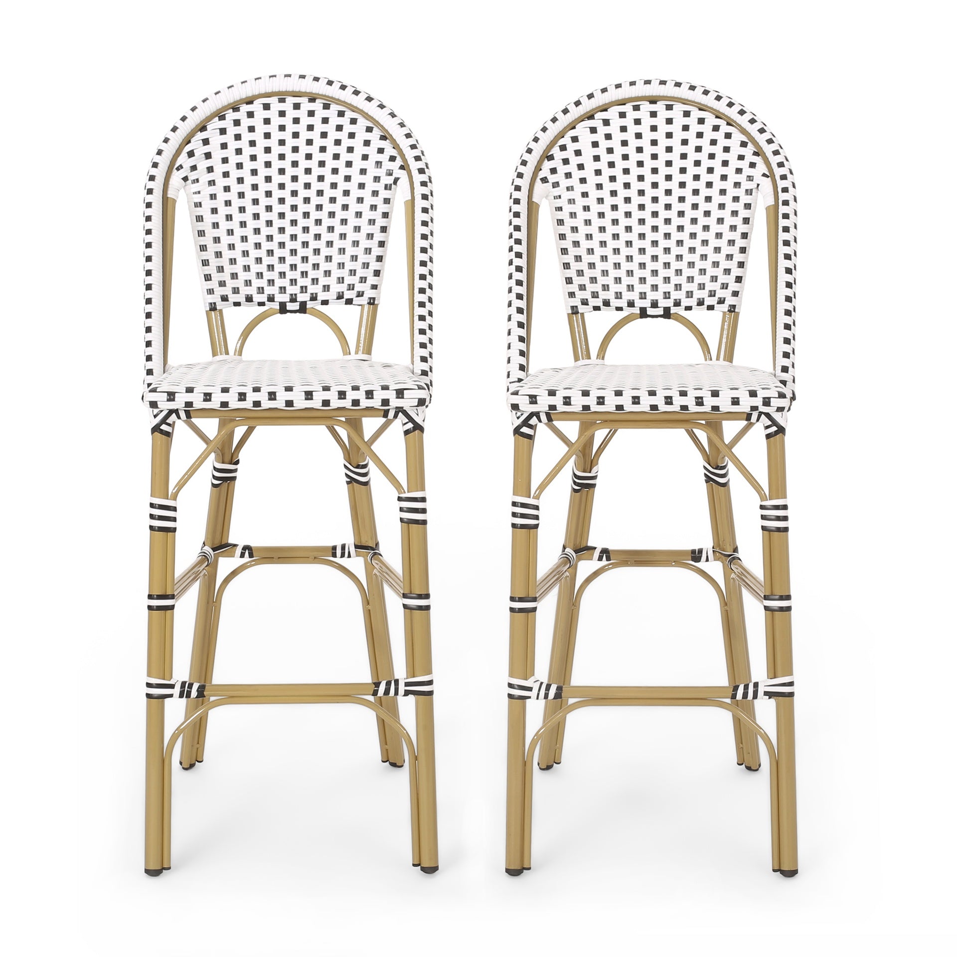 29.5" Outdoor PE Rattan French Barstool, White and Black, Aluminum Frame with Bamboo Finish (Set of 2)