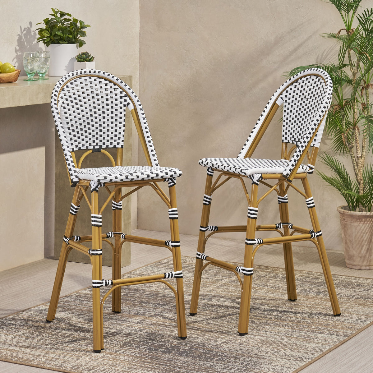 29.5" Outdoor PE Rattan French Barstool, White and Black, Aluminum Frame with Bamboo Finish (Set of 2)