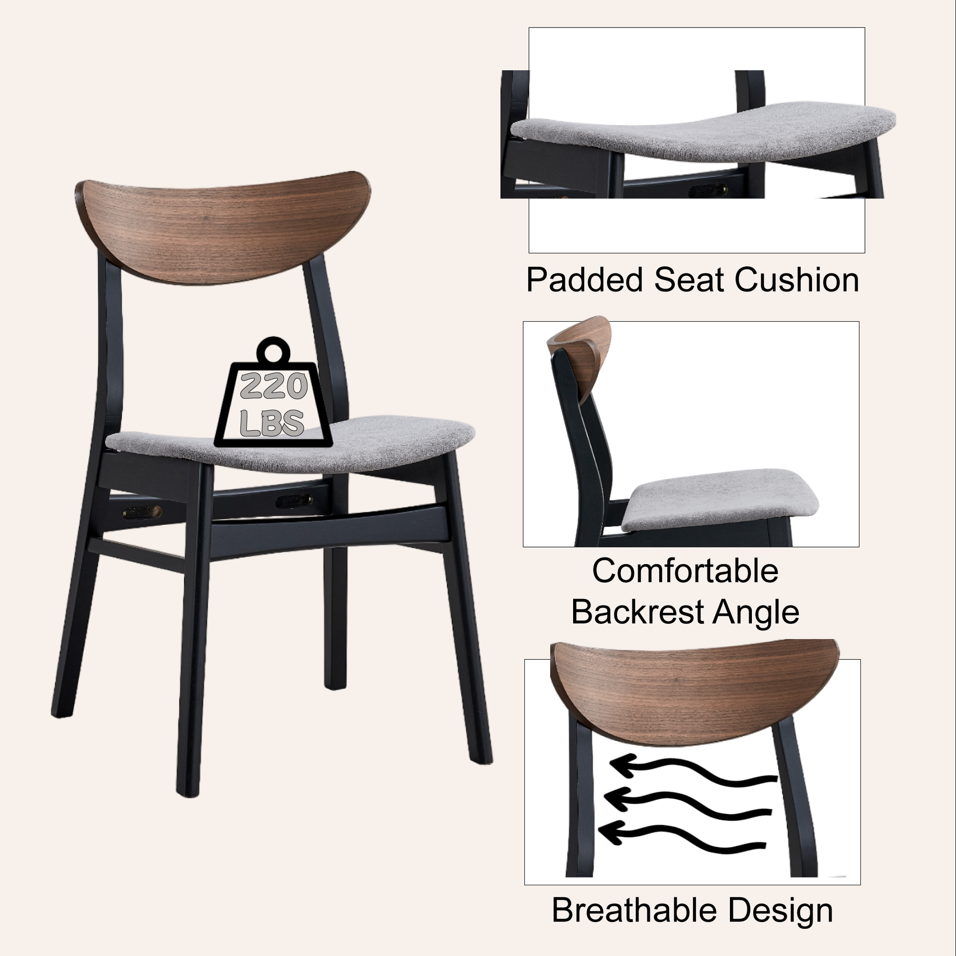 Rebi Gray Linen, Walnut & Black Finish Side Chair (Set of 2)