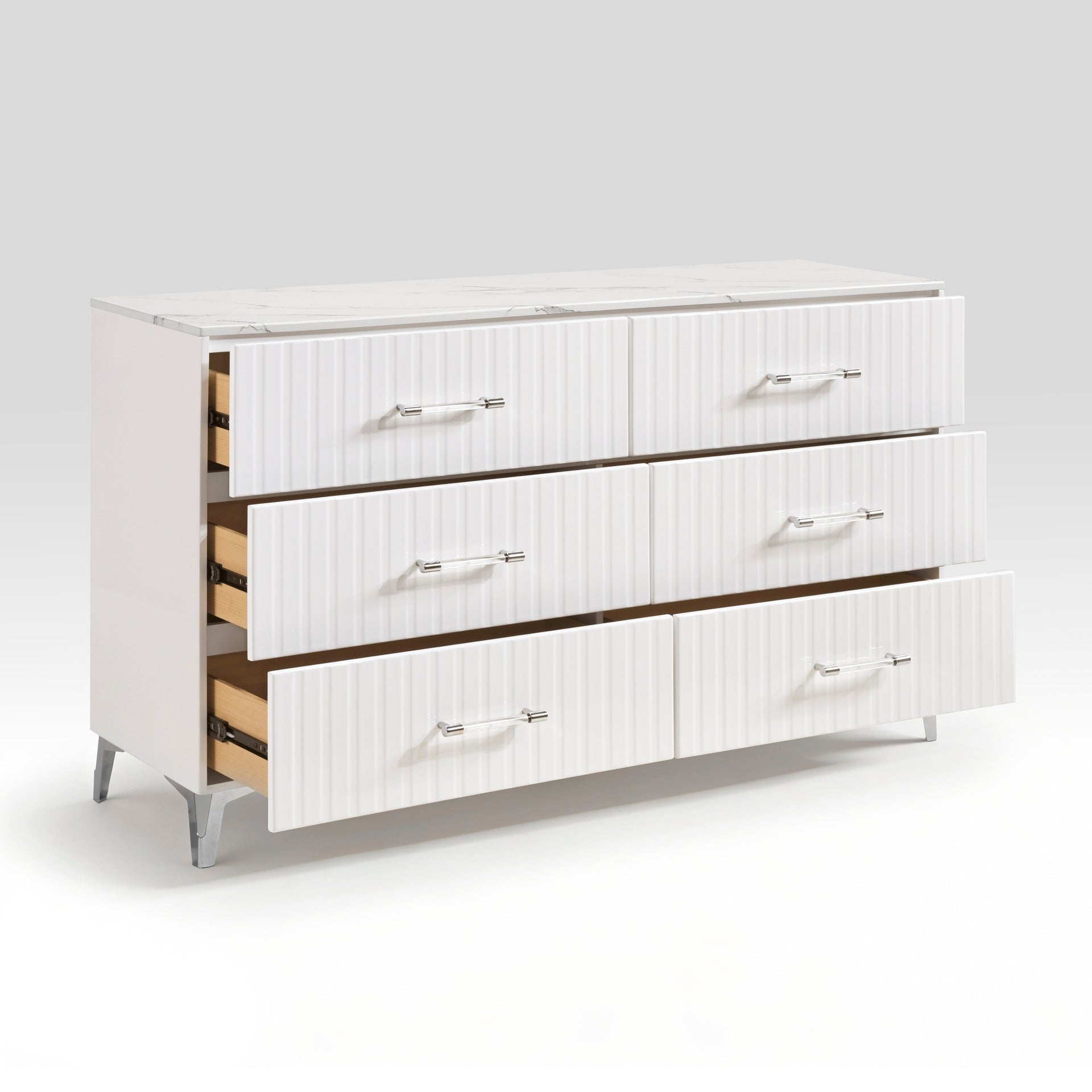 Glam White Dresser of 6x Storage Drawers Faux Marble Laminated Top Chrome Metal Legs Bedroom Furniture 1pc