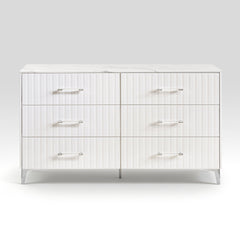 Glam White Dresser of 6x Storage Drawers Faux Marble Laminated Top Chrome Metal Legs Bedroom Furniture 1pc