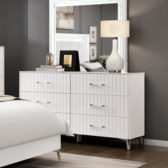 Glam White Dresser of 6x Storage Drawers Faux Marble Laminated Top Chrome Metal Legs Bedroom Furniture 1pc