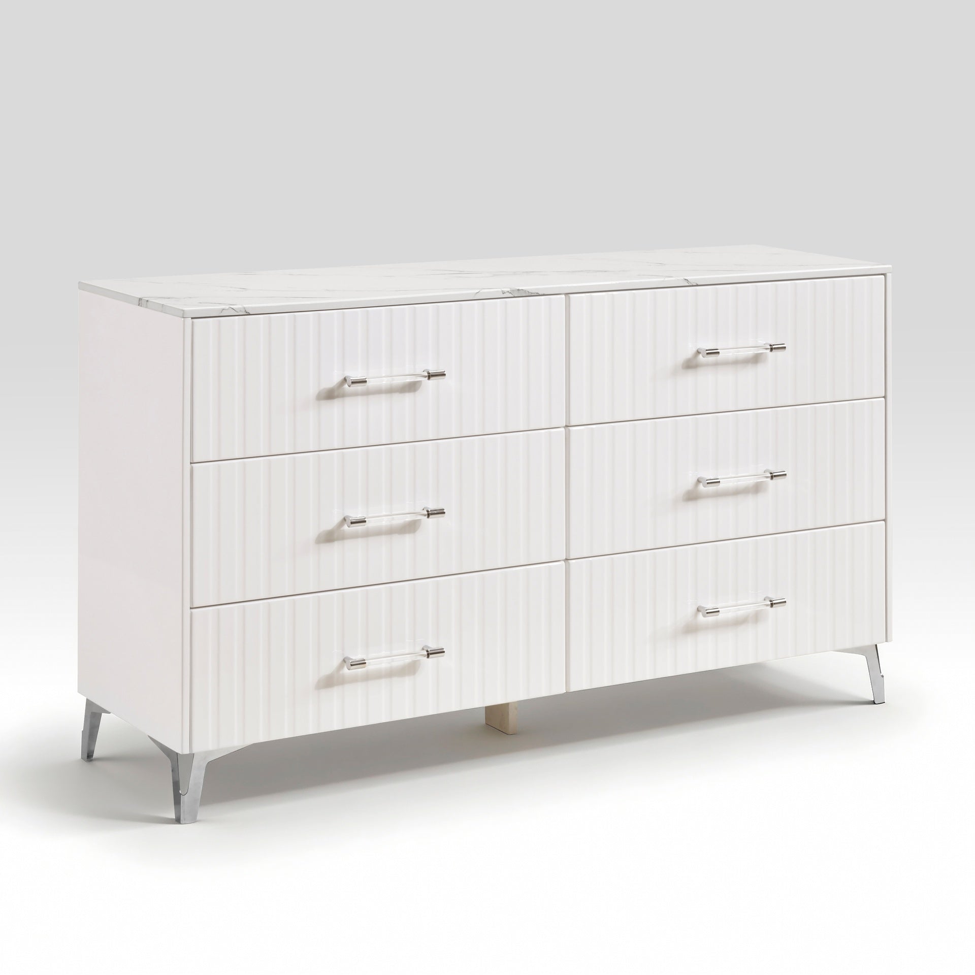 Glam White Dresser of 6x Storage Drawers Faux Marble Laminated Top Chrome Metal Legs Bedroom Furniture 1pc