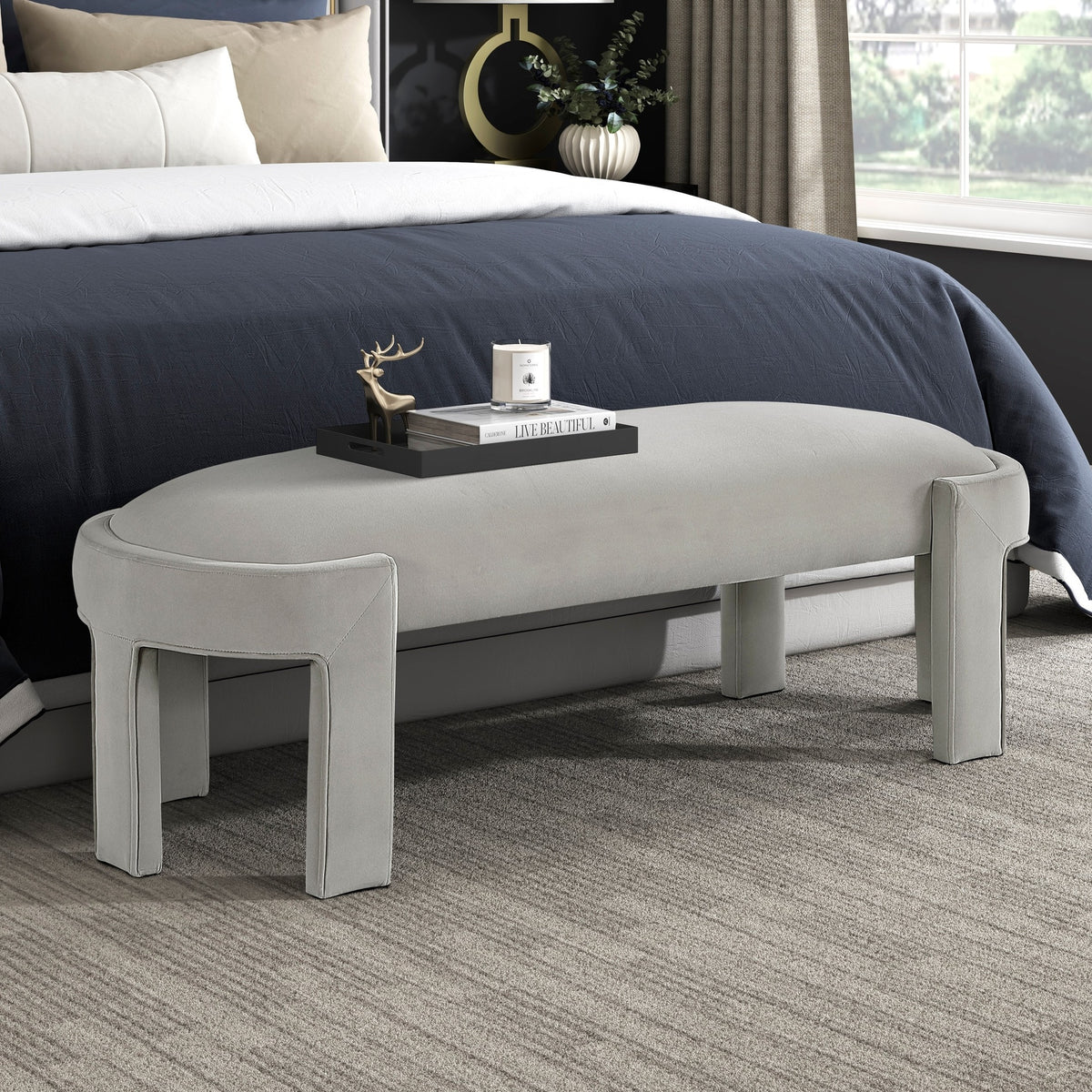 Stylish Upholstered Bench Taupe Velvet Fabric Foam Cushioned Seat Luxurious Comfort Home Furniture 1pc Durable Plywood Frame Entryway Bench