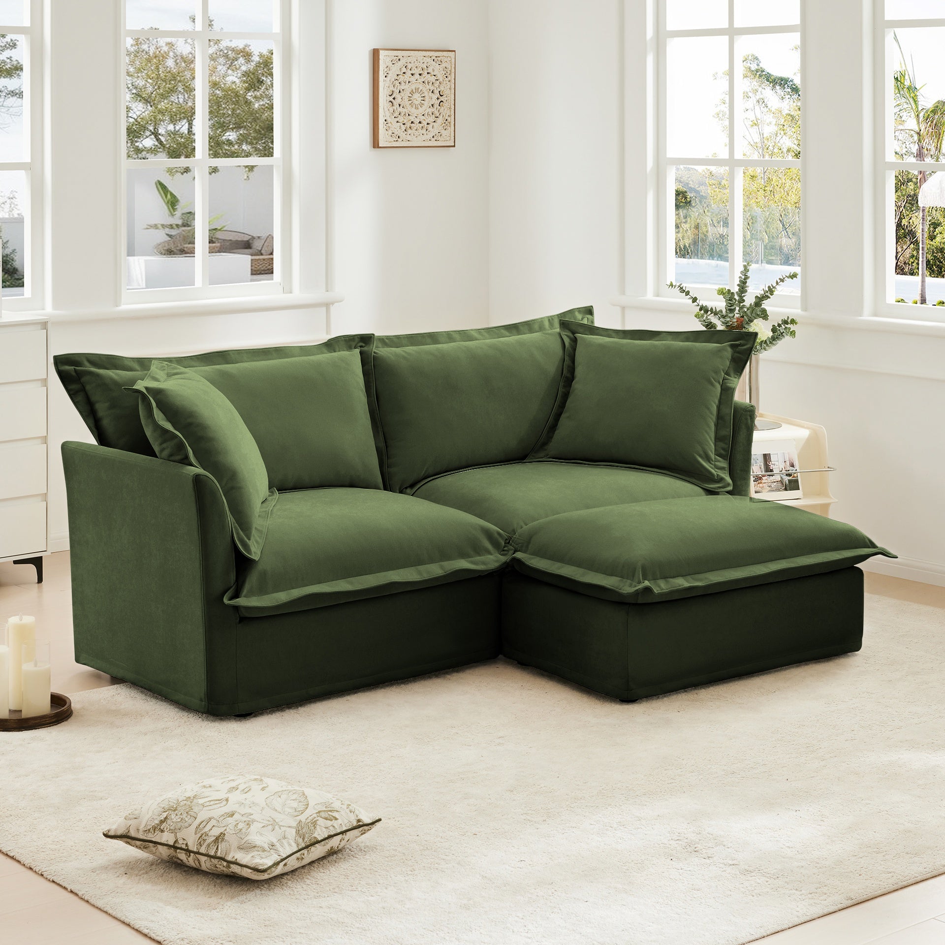 Slipcovered Sectional 2 Seater Sofa Couch with Convertible Ottoman, Wide and Deep Seat L Shaped Sofa with Detachable Cover and Soft Multiple Big Pillows, Chenille Fabric, Green