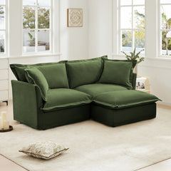 Slipcovered Sectional 2 Seater Sofa Couch with Convertible Ottoman, Wide and Deep Seat L Shaped Sofa with Detachable Cover and Soft Multiple Big Pillows, Chenille Fabric, Green