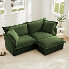 Slipcovered Sectional 2 Seater Sofa Couch with Convertible Ottoman, Wide and Deep Seat L Shaped Sofa with Detachable Cover and Soft Multiple Big Pillows, Chenille Fabric, Green