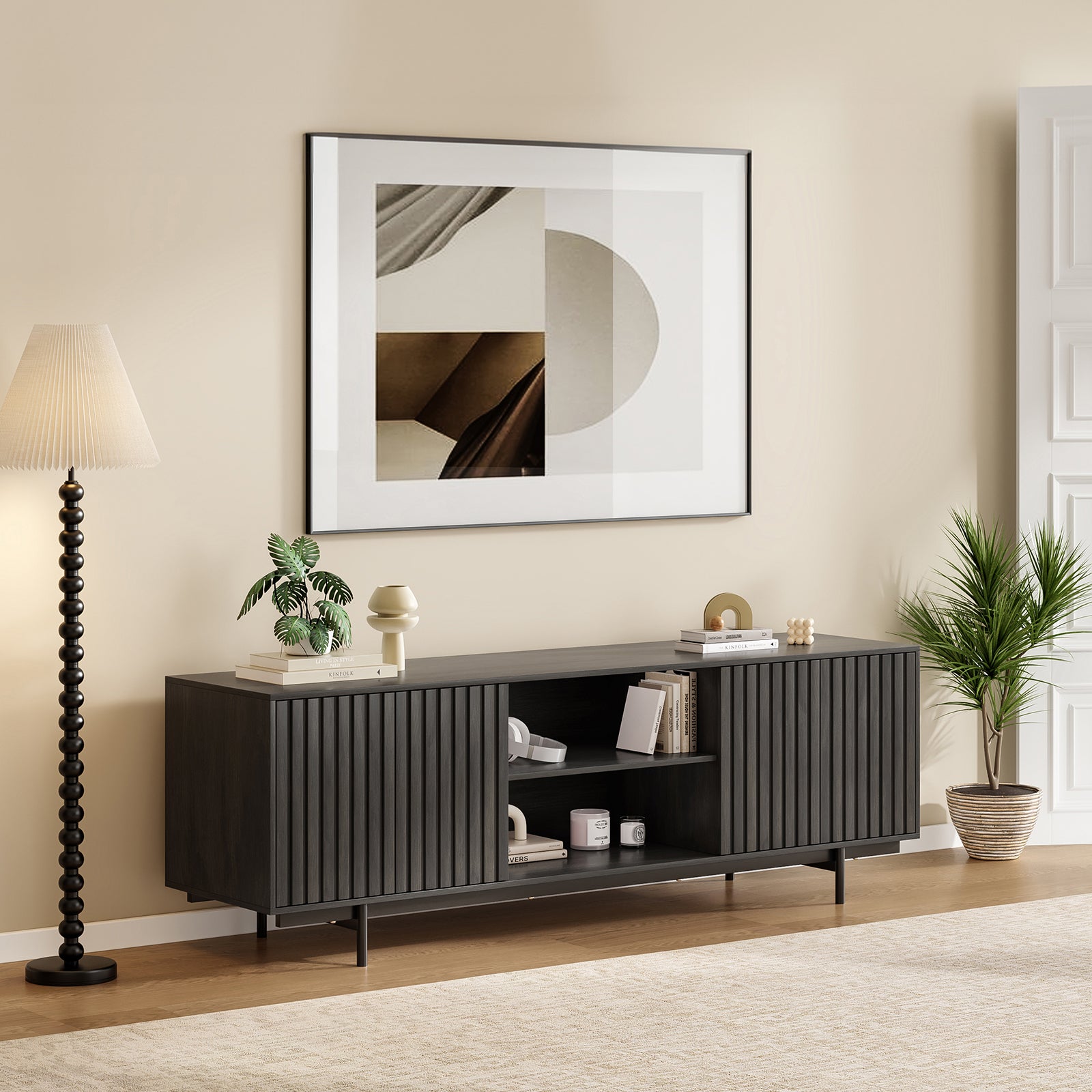 Mid Century Modern TV Stand for TVs Up to 75", Farmhouse Fluted TV Stand, Retro Wood TV Stand with Storage and Shelf, Entertainment Center with Pop-Up Doors for Living Room, Bedroom