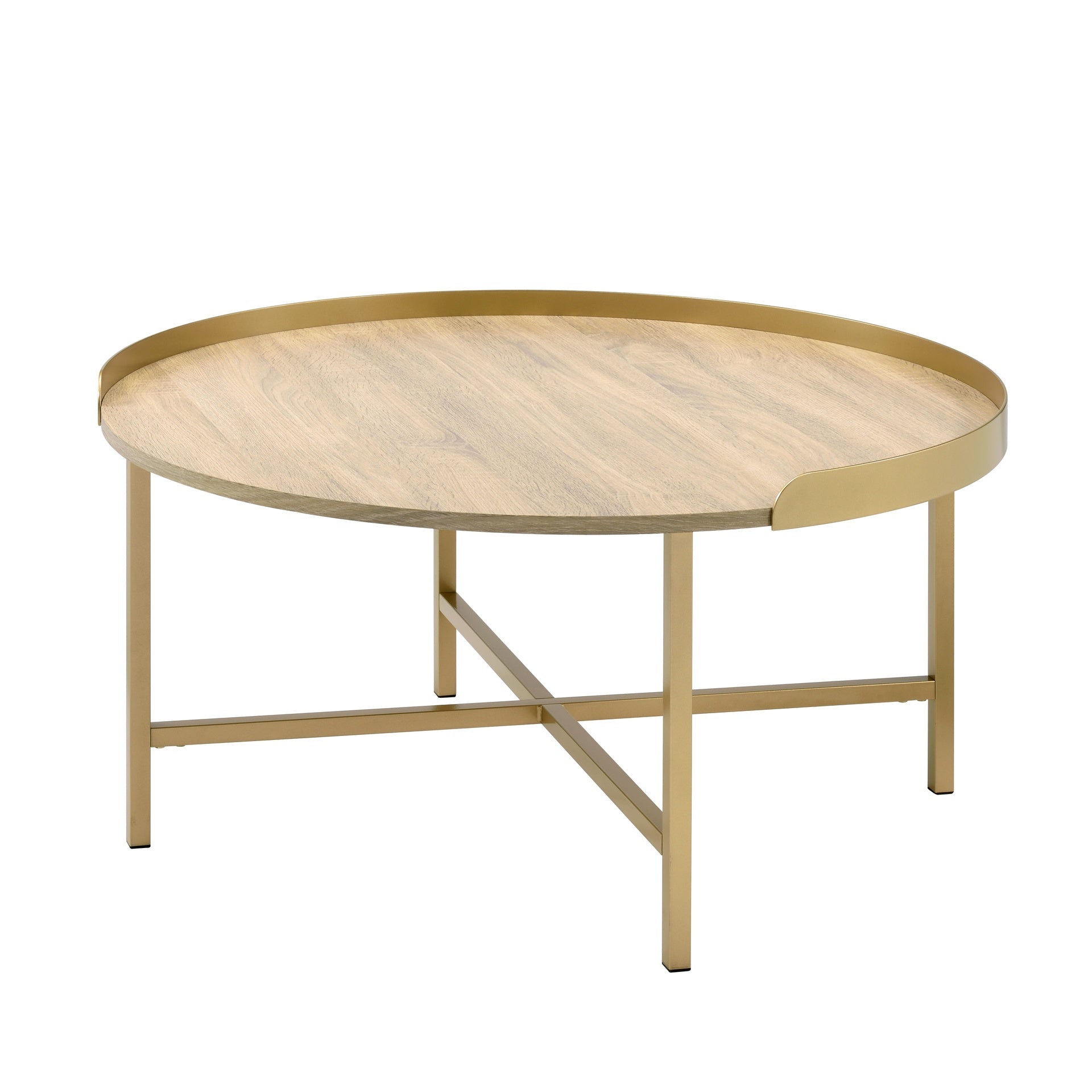 Modern Aesthetic 1pc Round Coffee Table Gold Finish Living Room Furniture, Cross Bar Metal Base