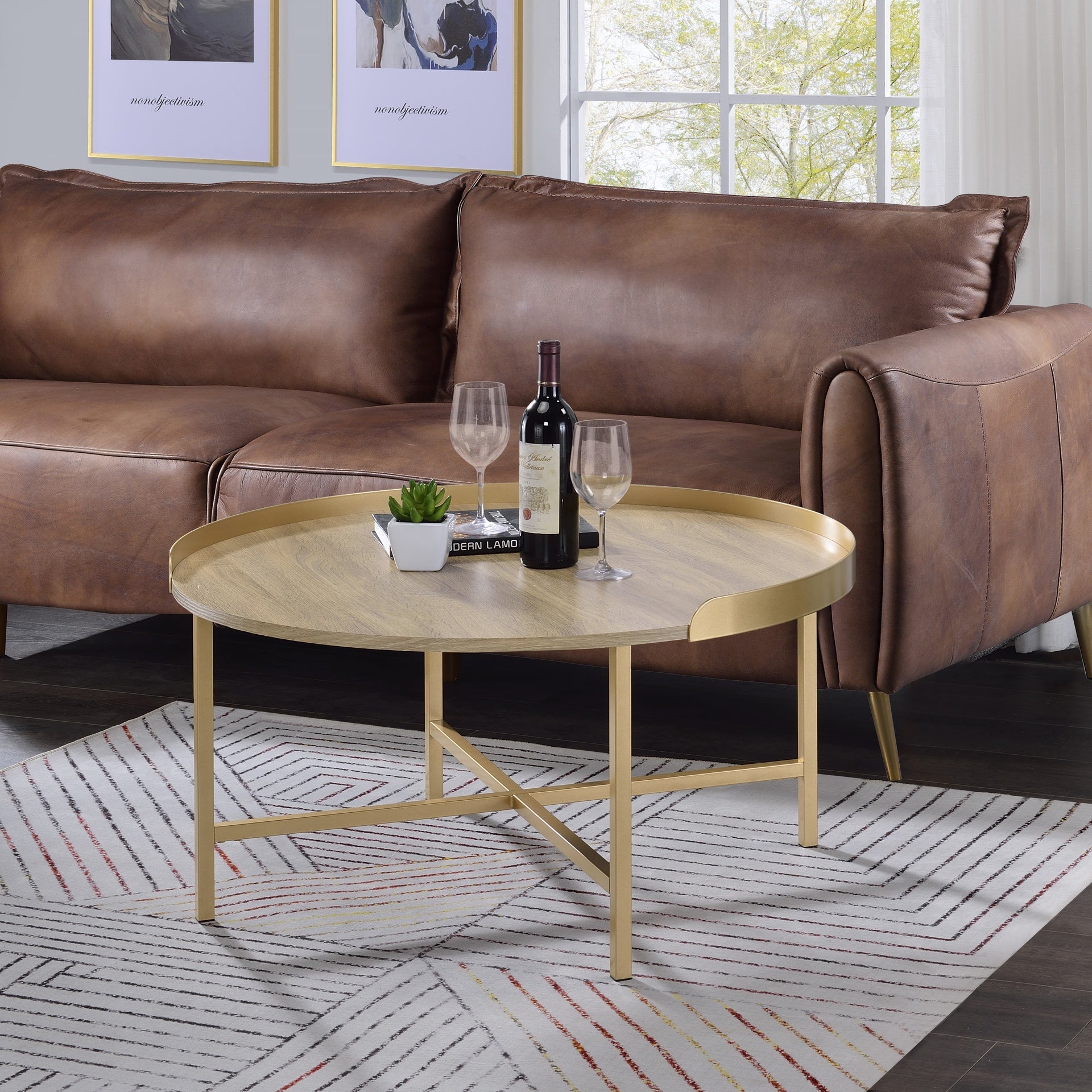 Modern Aesthetic 1pc Round Coffee Table Gold Finish Living Room Furniture, Cross Bar Metal Base