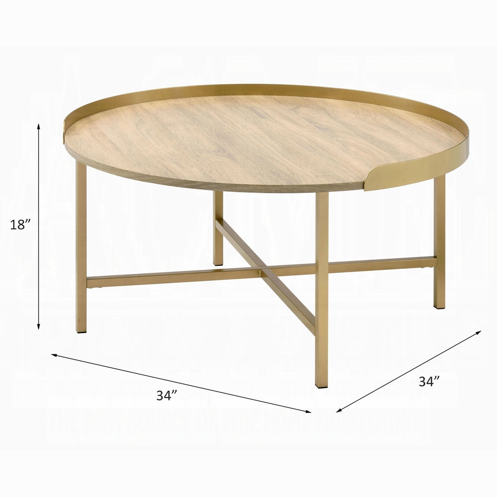 Modern Aesthetic 1pc Round Coffee Table Gold Finish Living Room Furniture, Cross Bar Metal Base