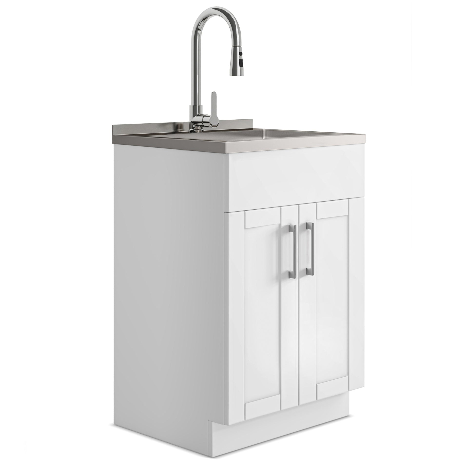 Modern Wide Shaker - 24" Laundry Cabinet with Faucet and Stainless Steel Sink - White