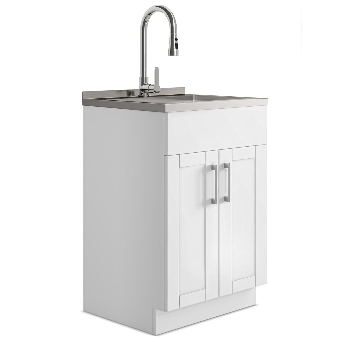 Modern Wide Shaker - 24" Laundry Cabinet with Faucet and Stainless Steel Sink - White
