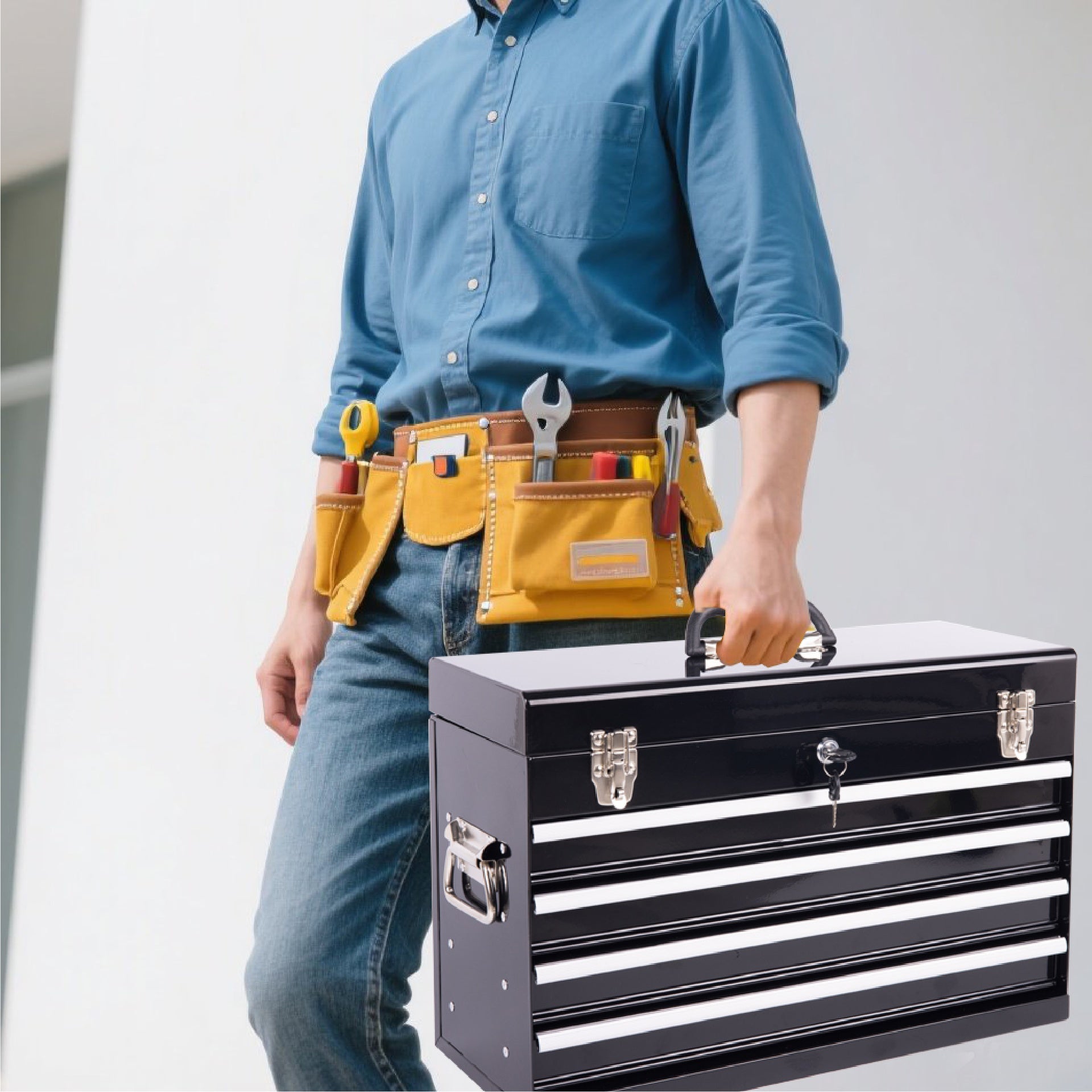 Heavy Duty Metal Tool Box, 21-inch, Portable Metal Tool Box with 4 Drawers, Small Tool Chest with EVA Liners, Ball Bearing Slide Drawers Locking & Powder Coated Finish, Multi-Function Tool Organizer
