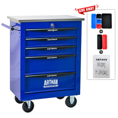 5 Drawers Multifunctional Tool Cart with Wheels,Metal Rolling Tool Cart Storage for Garage Workshop Warehouse Repair Shop--With Stainless Steel Roof- BLACK&BLUE