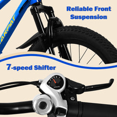 A20184 20 inch Mountain Kids Bike for Boys & Girls, Ages 6-12, 7-Speed with Front Suspension