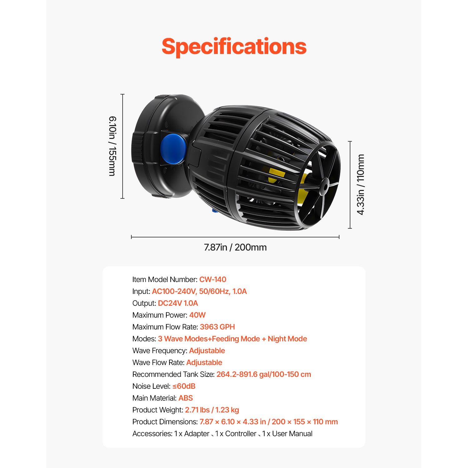 Aquarium Wave Maker with Controller 40W DC 24V Powerhead with Magnetic Base