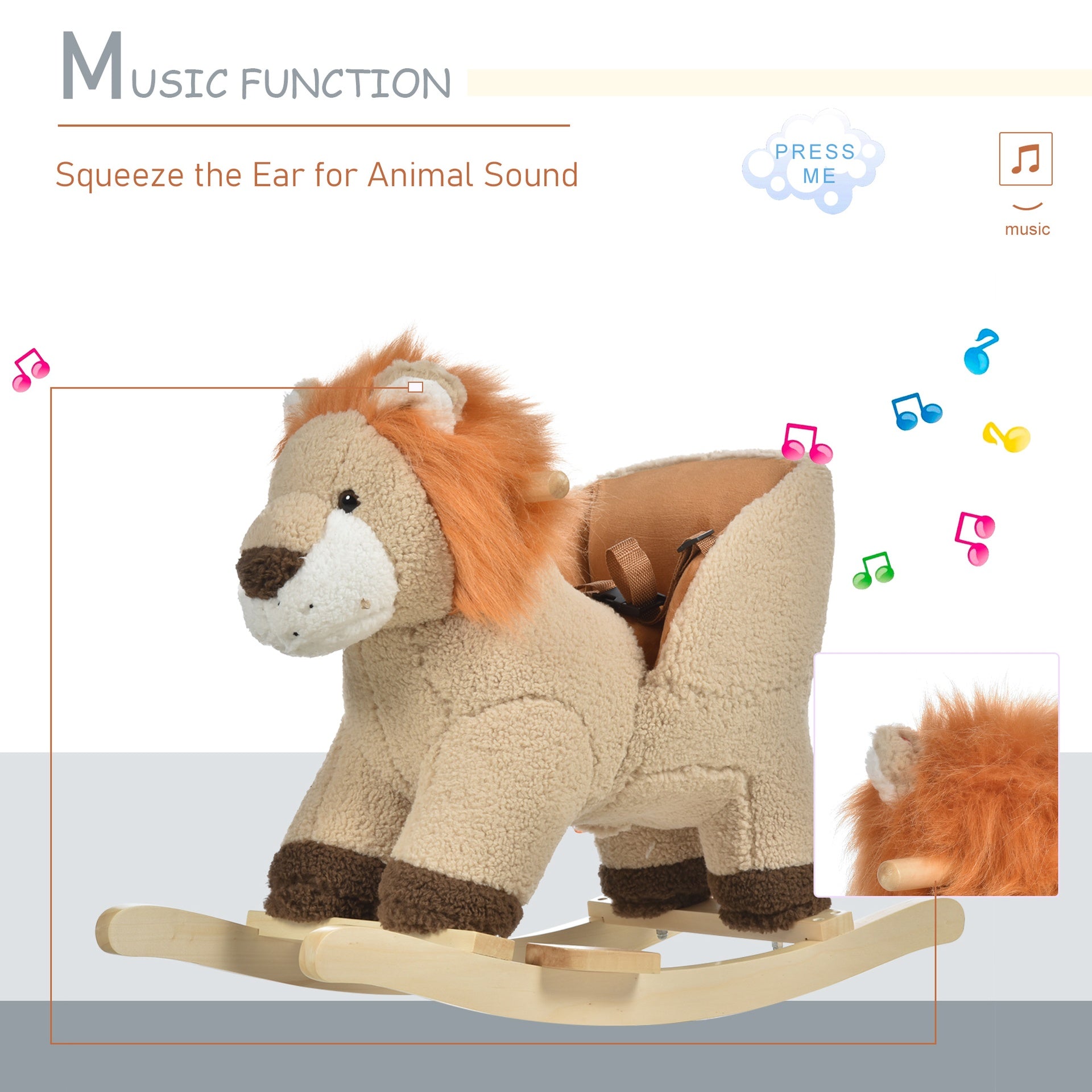 Qaba Baby Rocking Horse Lion with Sound, Plush Stuffed Rocking Animals, Wooden Rocking Horse with Seat Belt for 18-36 Months Boys and Girls Gift, Brown