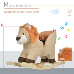 Qaba Baby Rocking Horse Lion with Sound, Plush Stuffed Rocking Animals, Wooden Rocking Horse with Seat Belt for 18-36 Months Boys and Girls Gift, Brown