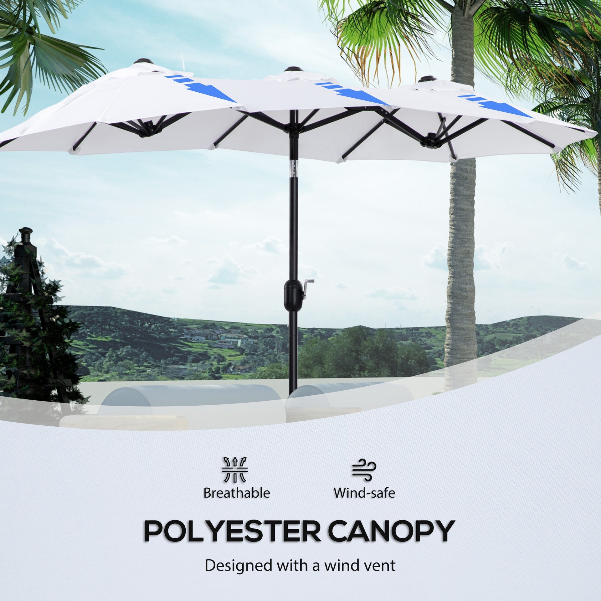 Outsunny Double-sided Patio Umbrella 9.5' Large Outdoor Market Umbrella with Push Button Tilt and Crank, 3 Air Vents and 12 Ribs, for Garden, Deck, Pool, White